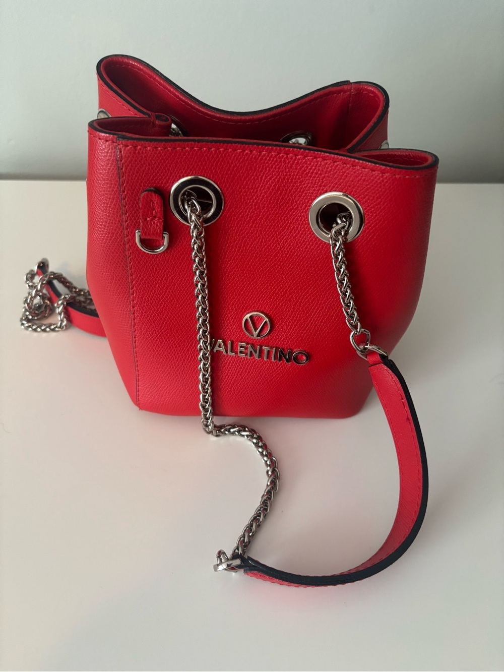 Valentino Red Leather Mini Bucket Bag with Silver Chain